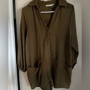 NWOT. Lush Gauze Army Green Button Down Romper